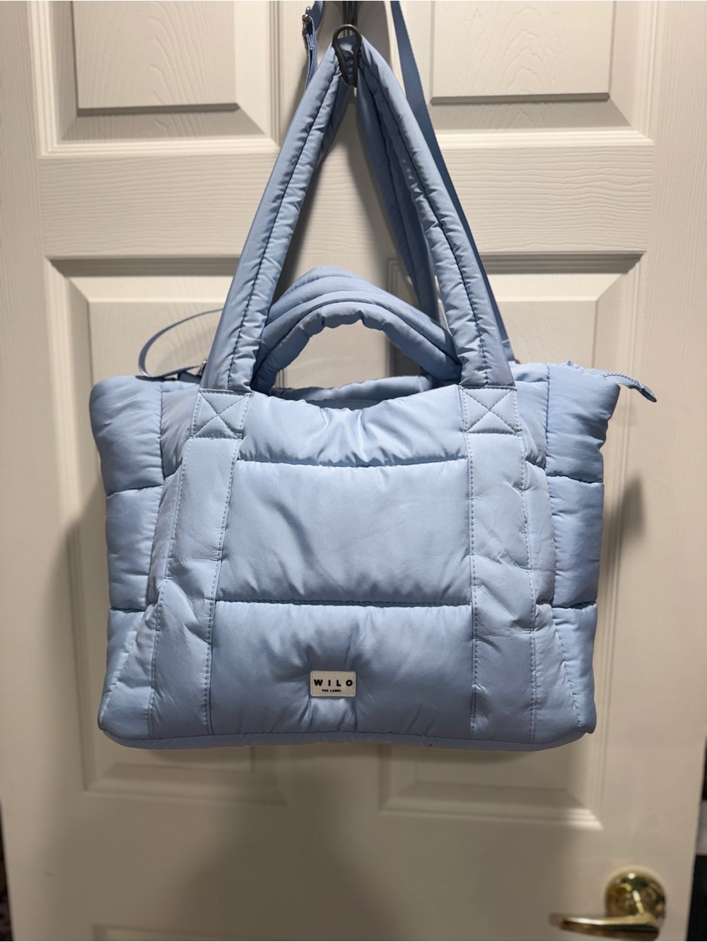 WILO The Label Light Blue Quilted Puffer Tote Bag Large Travel Gym Shoulder Bag - Picture 4 of 14